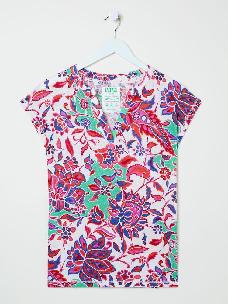 fat face Ivory Festival Floral Linen Notch Neck Top