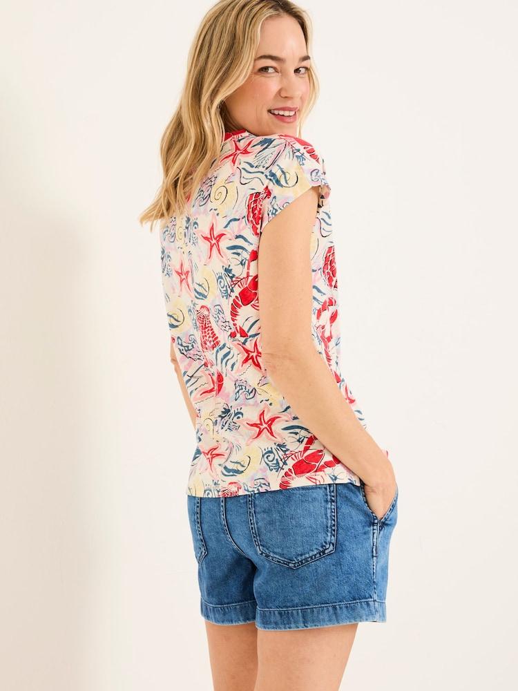 Fat Face Ivory Sea Scene Linen Blend Notch Neck Top