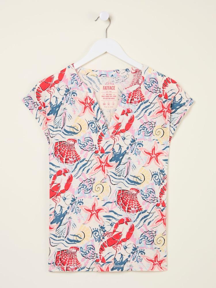 fat face Ivory Sea Scene Linen Blend Notch Neck Top