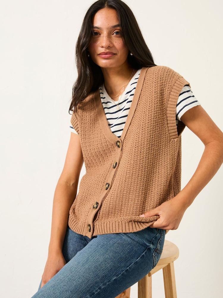 Fat Face Jocee Tan Brown Knitted Button Through Tank