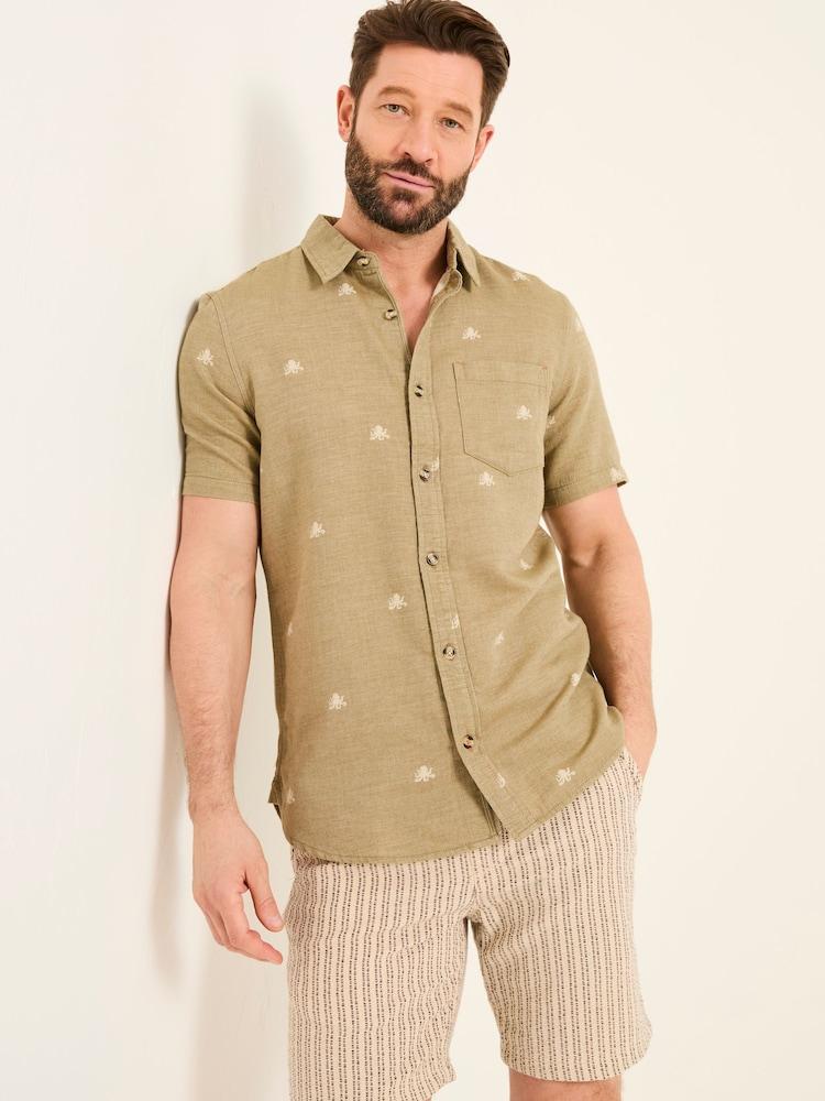Fat Face Khaki Green Short Sleeve Octopus Embroidered Shirt