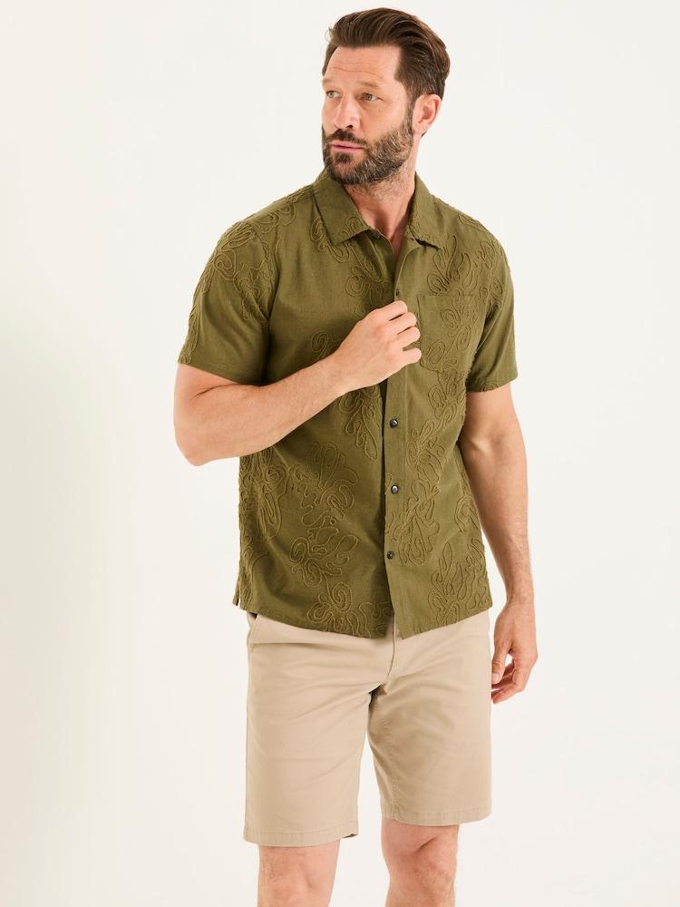 Fat Face Khaki Green Short Sleeve Swirl Embroidered Shirt