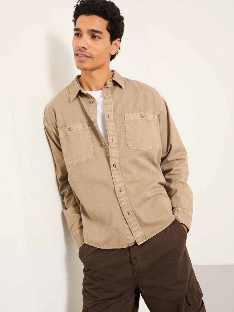 Fat Face Light Brown Long Sleeve Relaxed Fit Garment Dye Utility Shirt