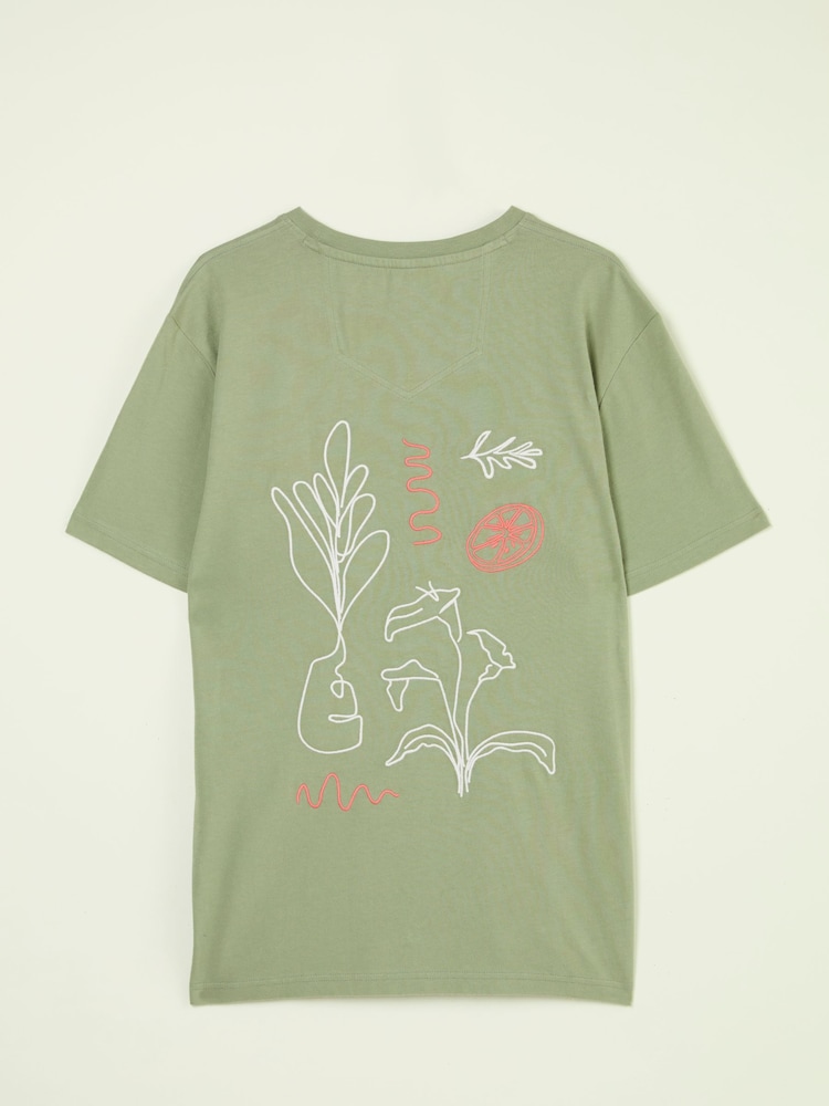 fat face Light Green Embroidered Abstract Plants 100% Cotton T-Shirt