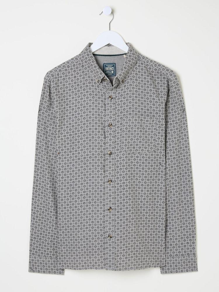 fat face Light Grey Long Sleeve Geo Print 100% Cotton Shirt
