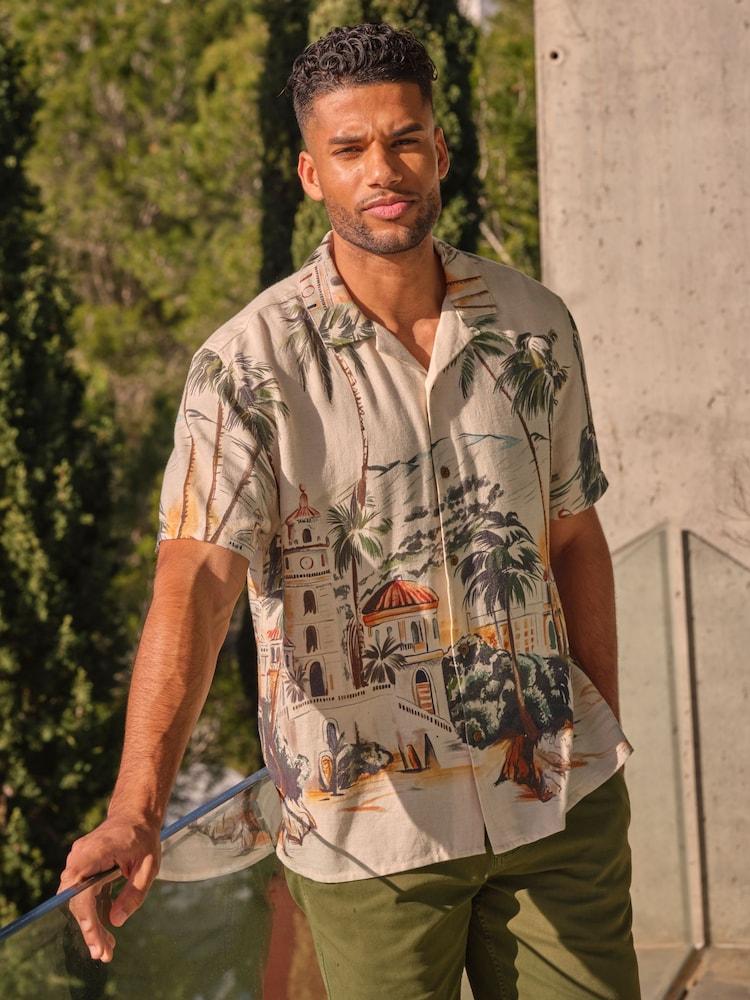 Fat Face Light Natural Short Sleeve Scene Print Shirt