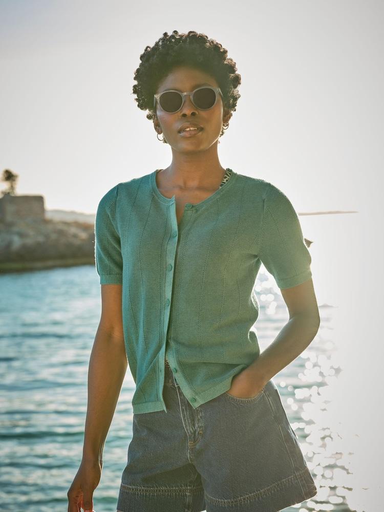 Fat Face Lili Teal Blue Laundered Short Sleeve Cardigan