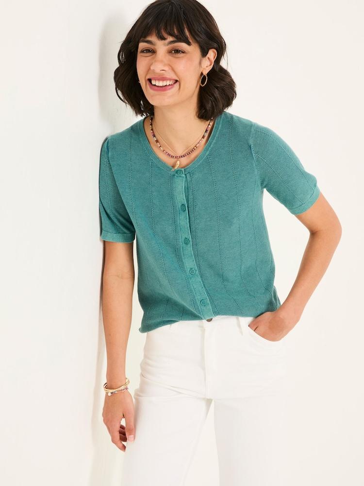 Fat Face Lili Teal Blue Laundered Short Sleeve Cardigan