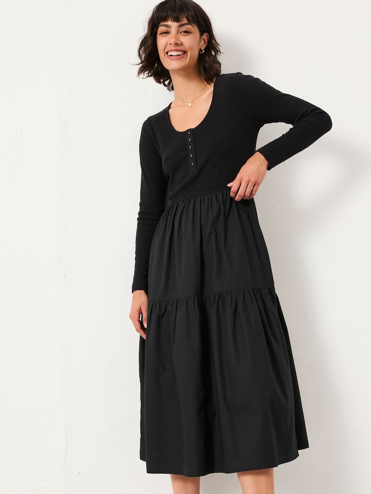 Fat Face Louise Black Petite Jersey Woven Midi Dress
