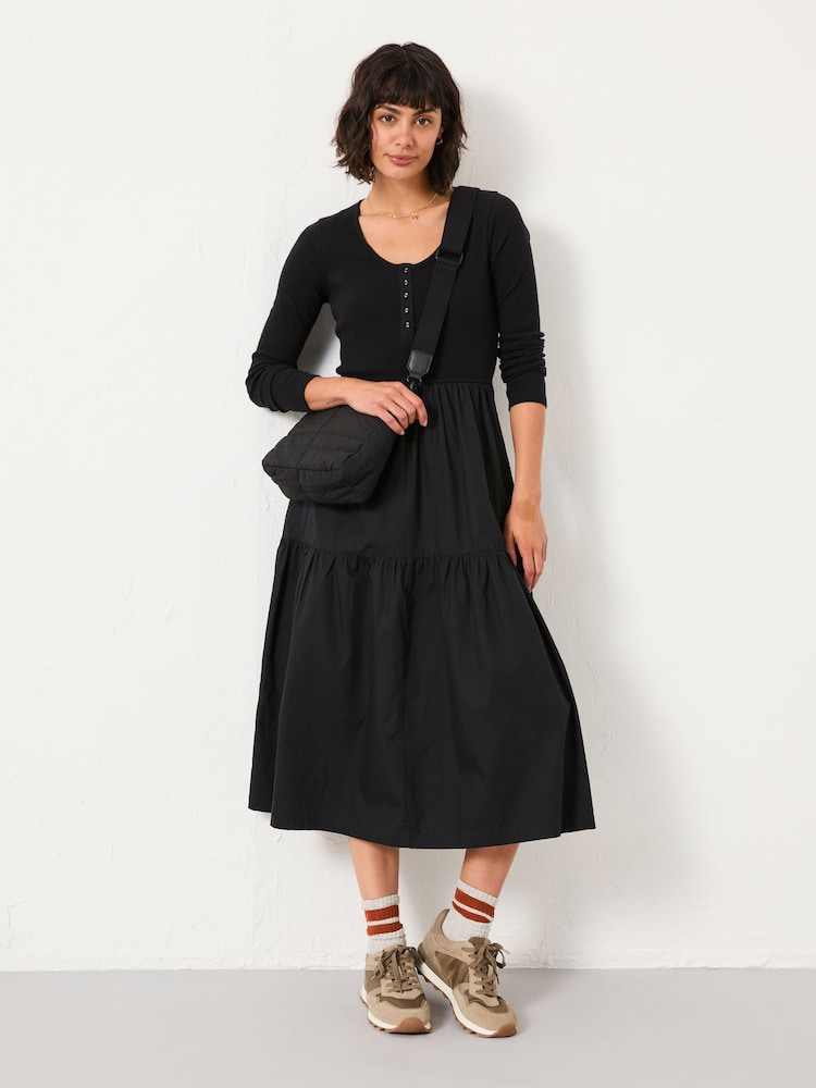 Fat Face Louise Black Regular Jersey Woven Midi Dress