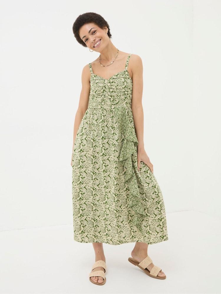 Fat Face Lucia Green Damask Floral Linen Blend Midi Dress
