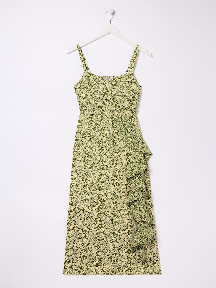 fat face Lucia Green Damask Floral Linen Blend Midi Dress