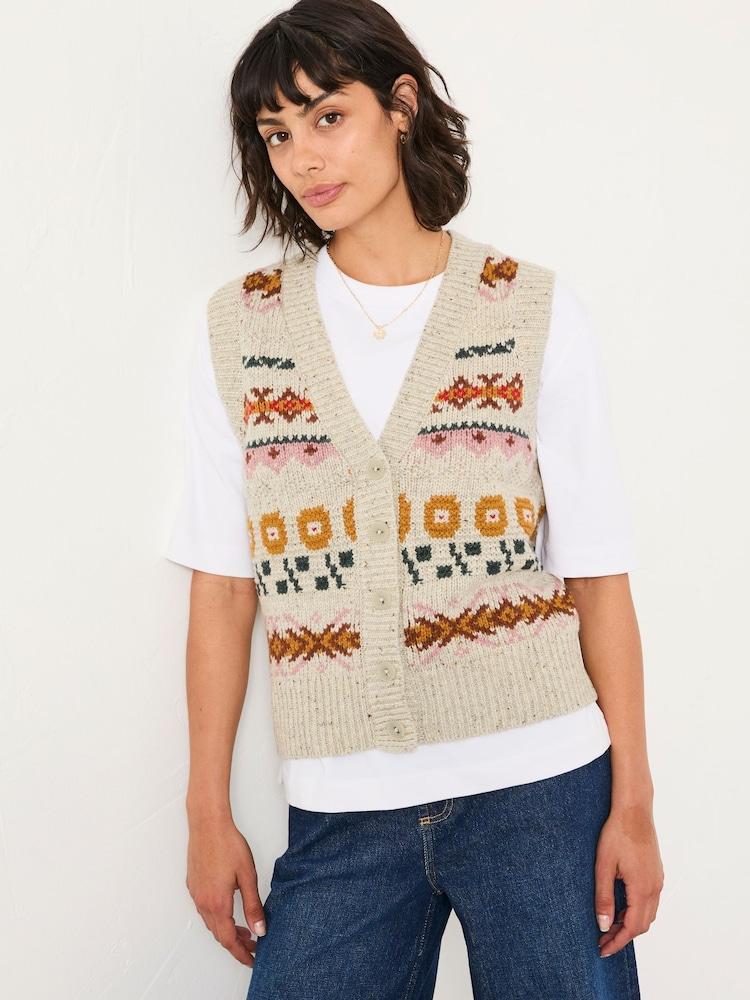 Fat Face Lupin Mid Grey Knitted Floral Pattern Waistcoat