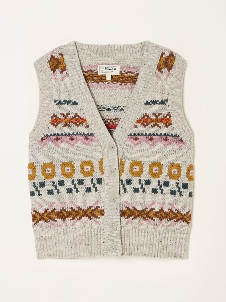 fat face Lupin Mid Grey Knitted Floral Pattern Waistcoat