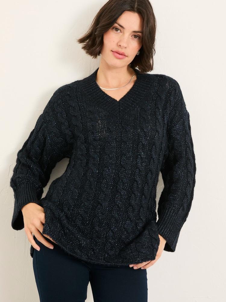 Fat Face Maeve Dark Navy Cable Knitted Sparkle Jumper