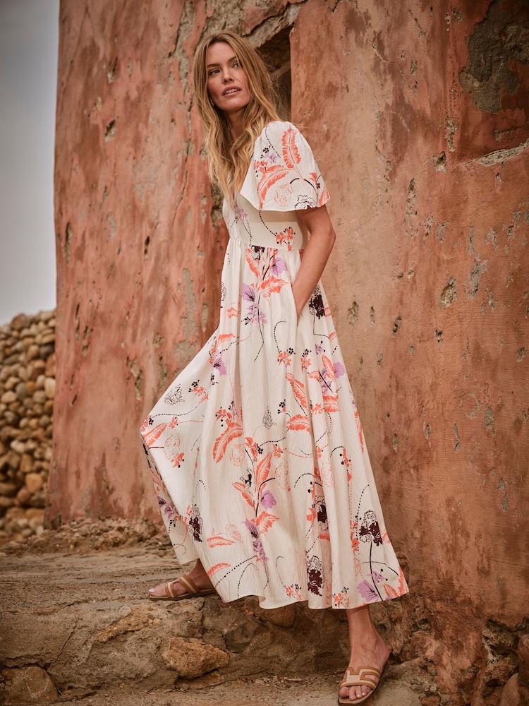 Fat Face Marlowe Ivory Gathered Sleeve Printed Maxi Dress