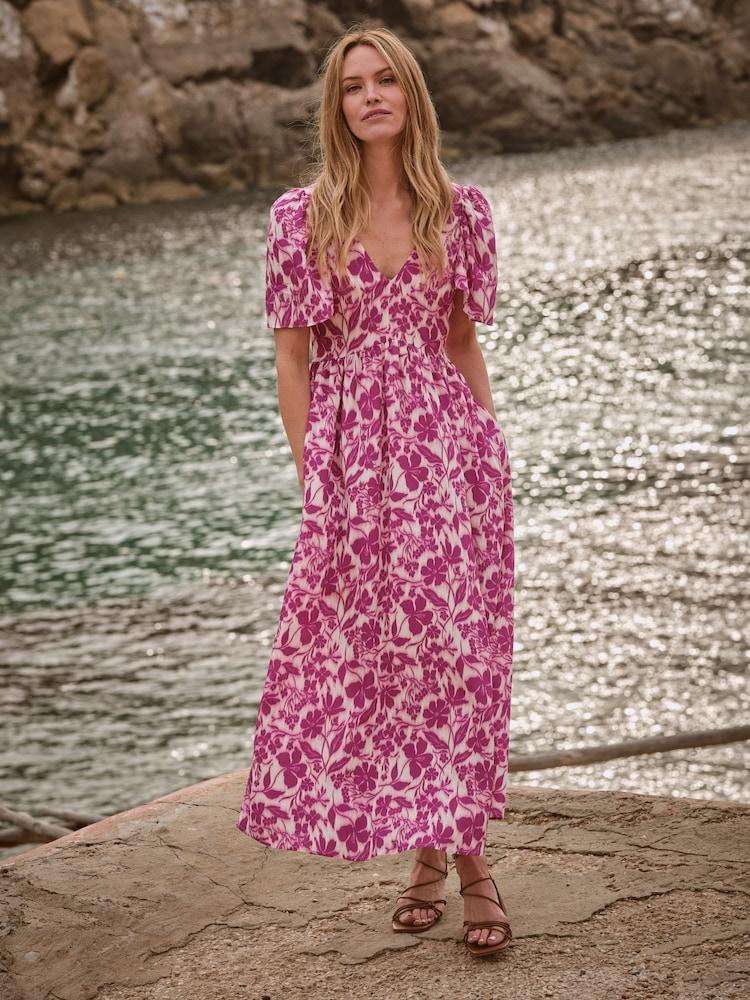 Fat Face Marlowe Purple Gathered Sleeve Printed Maxi Dress