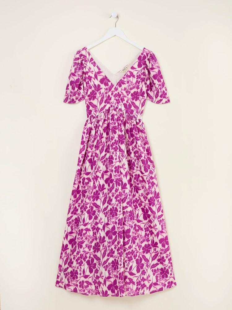 fat face Marlowe Purple Gathered Sleeve Printed Maxi Dress
