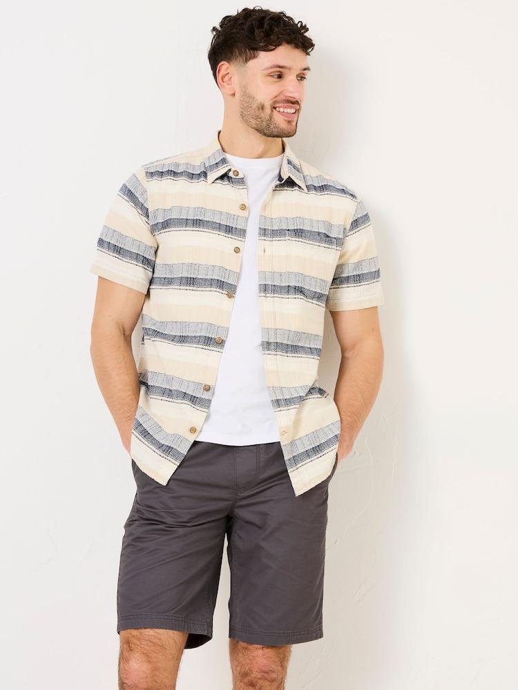 Fat Face Milo Navy Short Sleeve Textured Stripe 100% Cotton Shirt