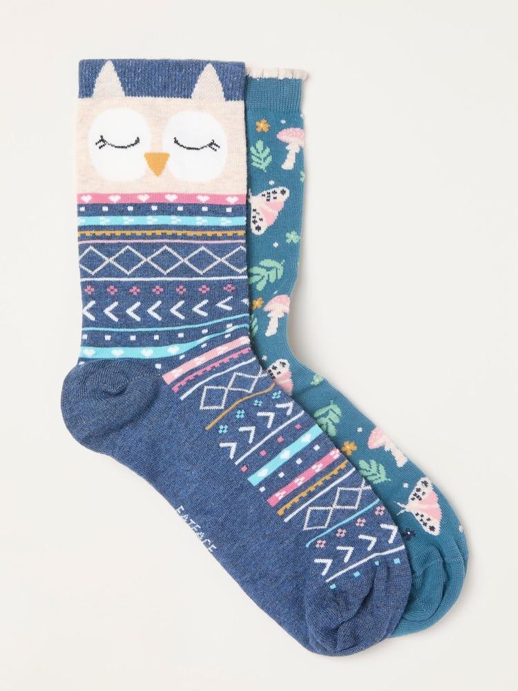 Fat Face Multi 2 Pack Woodland Owl Socks In A Gift Box