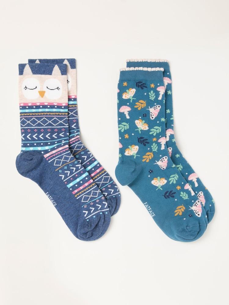 fat face Multi 2 Pack Woodland Owl Socks in a Gift Box