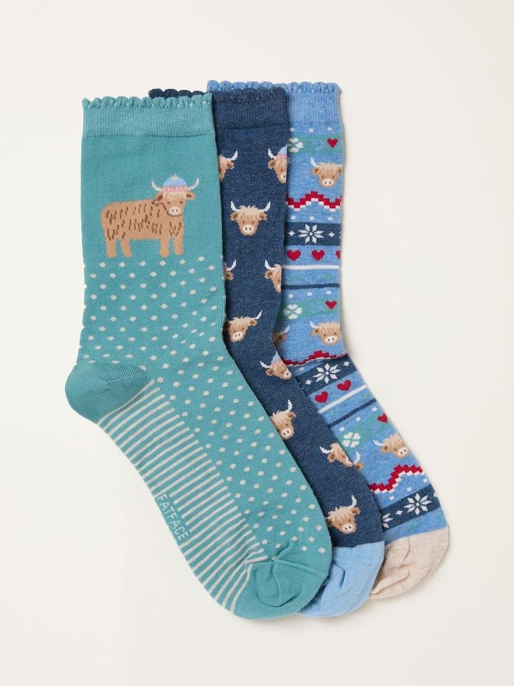 Fat Face Multi 3 Pack Highland Cow Socks In A Gift Box