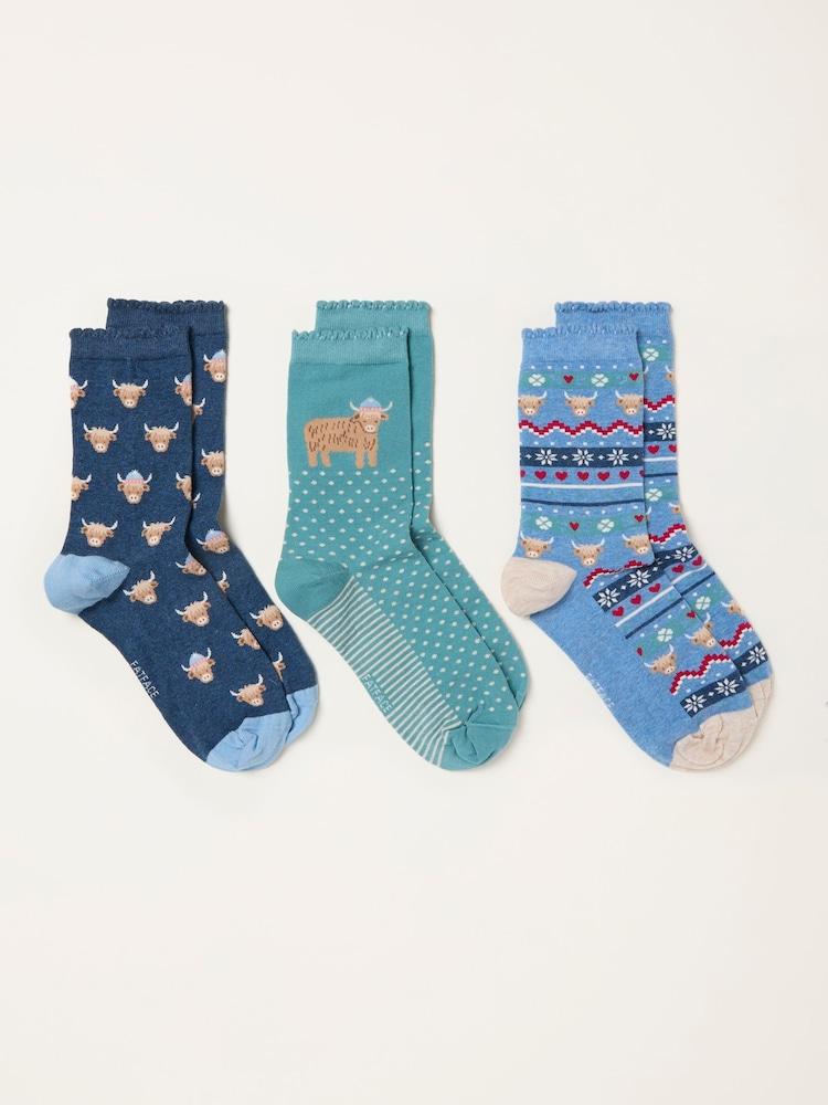 Fat Face Multi 3 Pack Highland Cow Socks In A Gift Box