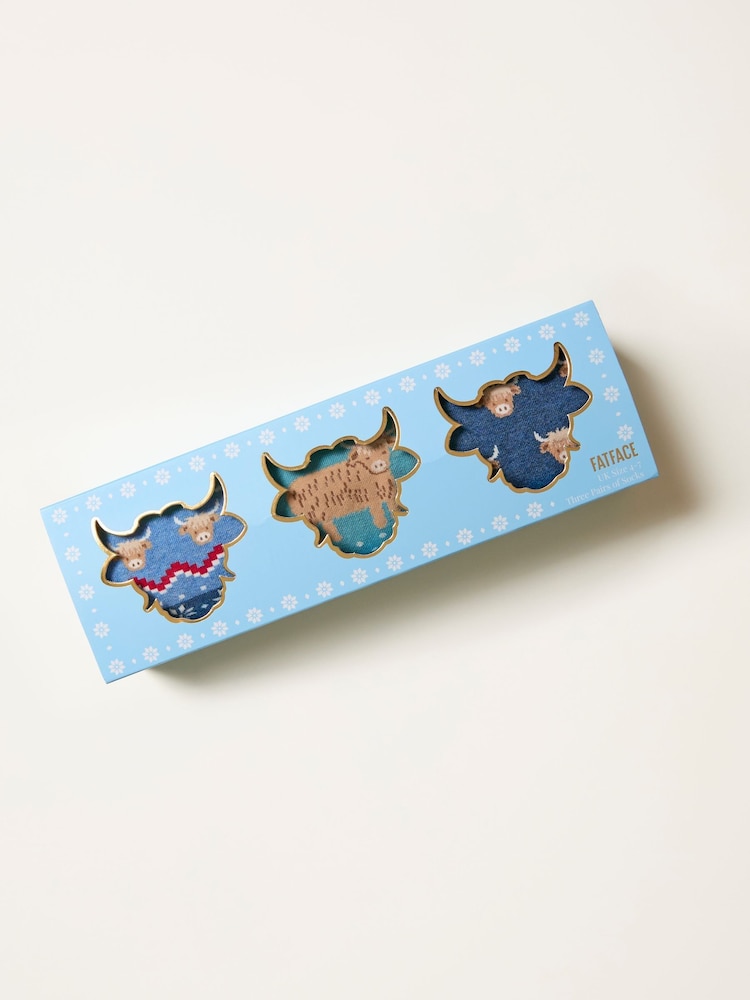 fat face Multi 3 Pack Highland Cow Socks in a Gift Box