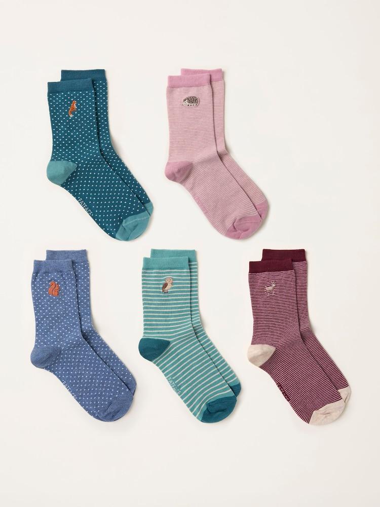 Fat Face Multi 5 Pairs Of Embroidered Woodland Socks