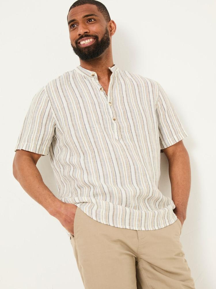 Fat Face Natural Grandad Short Sleeve Linen Stripe Popover 100% Linen Shirt