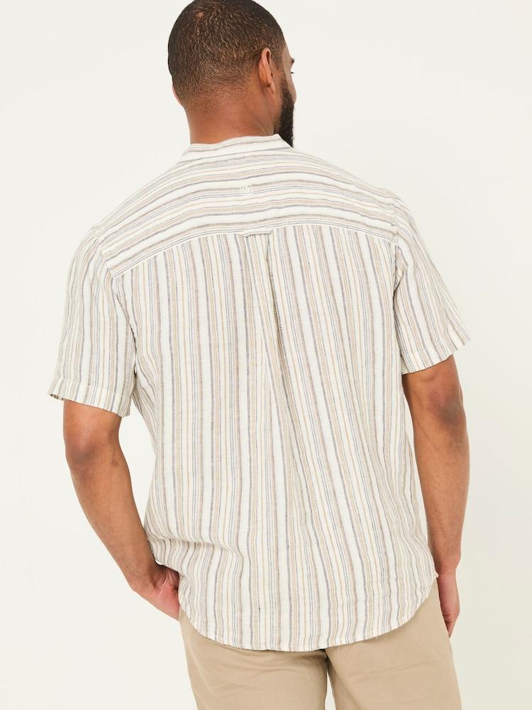 Fat Face Natural Grandad Short Sleeve Linen Stripe Popover 100% Linen Shirt