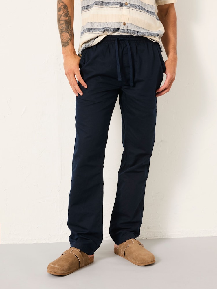 Fat Face Navy Cotton Linen Straight Pull On Trousers