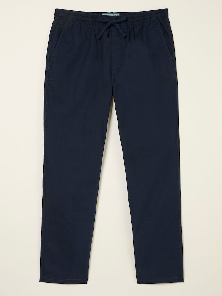 fat face Navy Cotton Linen Straight Pull on Trousers