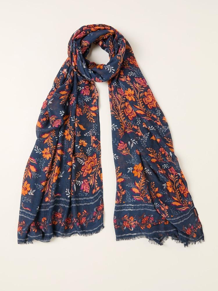 Fat Face Navy Folk Floral Printed Lightweight Scarf