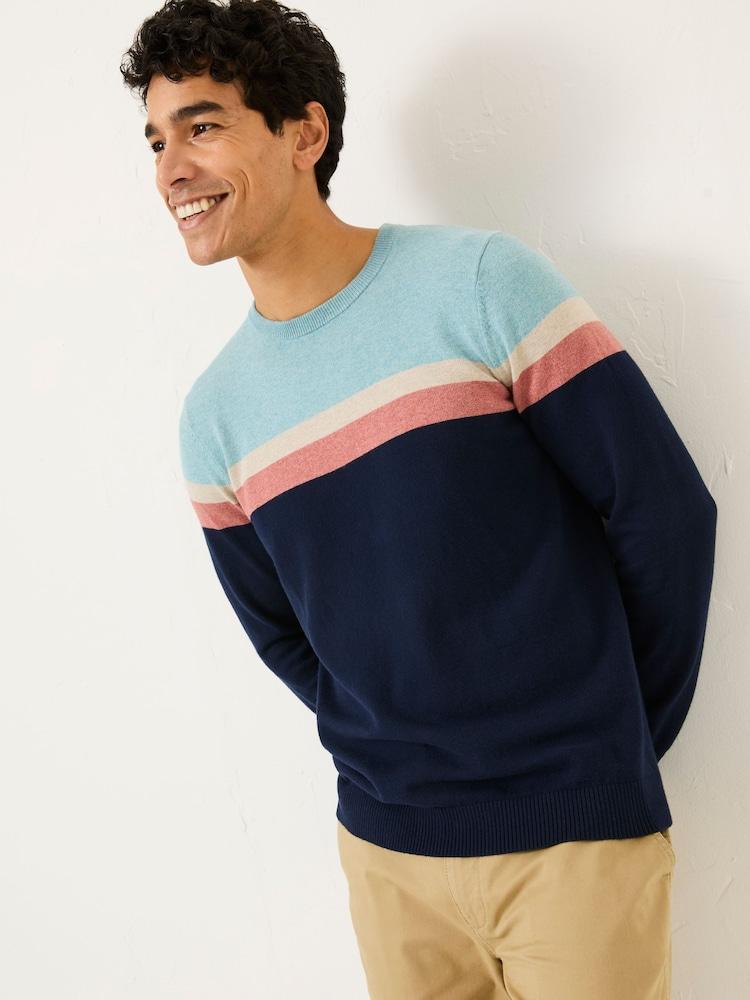 Fat Face Navy Rye Chest Stripe Knitted Crew Neck Jumper