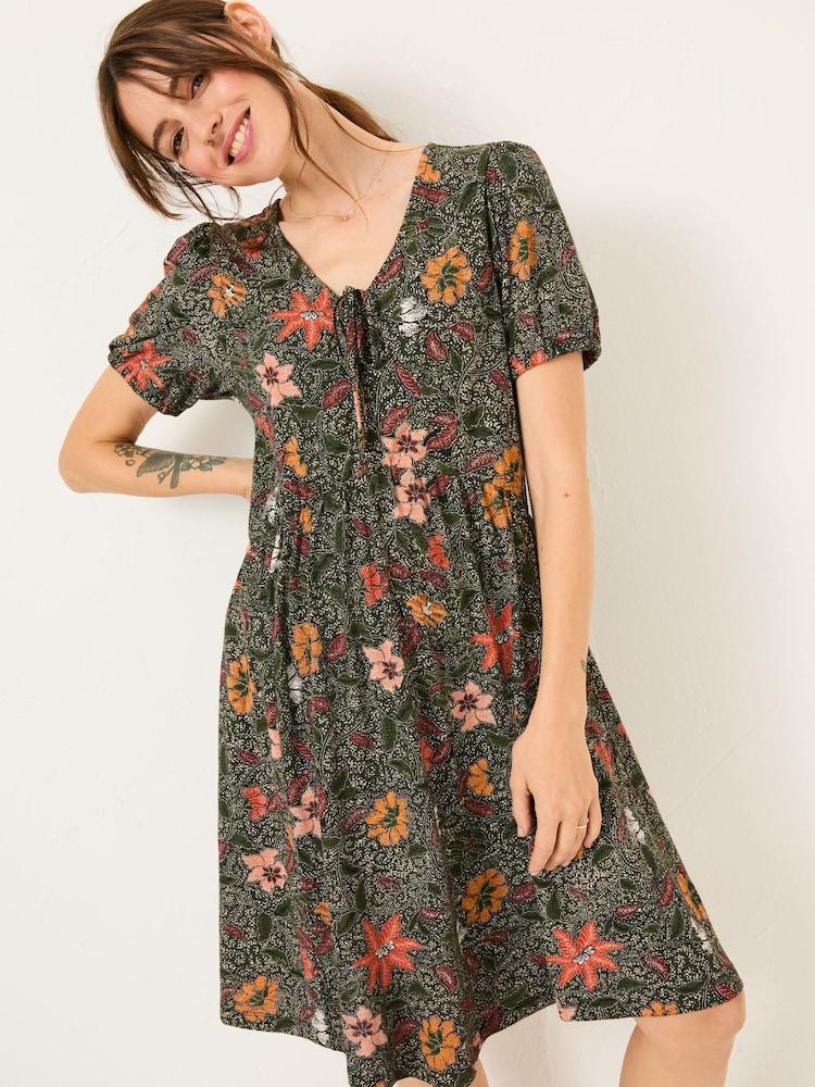 Fat Face Nell Black Detail Floral Short Sleeve V-Neck Midi Dress