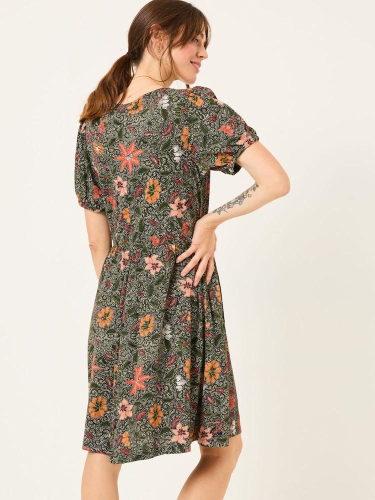Fat Face Nell Black Detail Floral Short Sleeve V-Neck Midi Dress