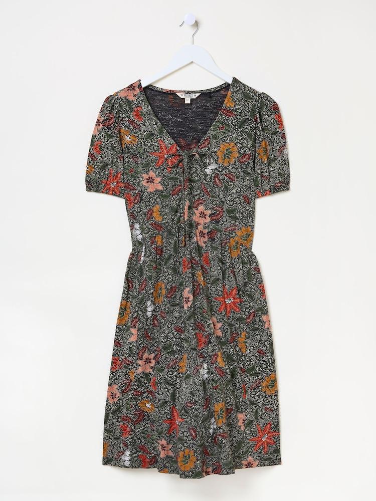 fat face Nell Black Detail Floral Short Sleeve V-Neck Midi Dress