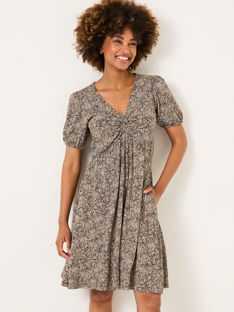 Fat Face Nell Black Leaf Dot Short Sleeve V-Neck Midi Dress