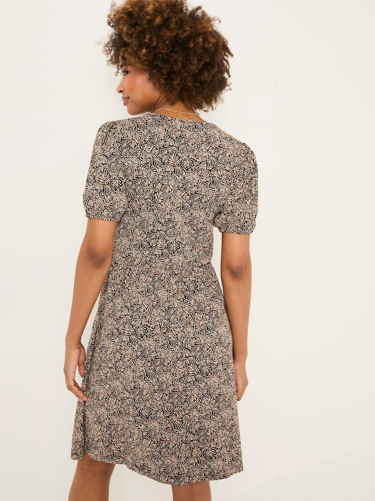 Fat Face Nell Black Leaf Dot Short Sleeve V-Neck Midi Dress