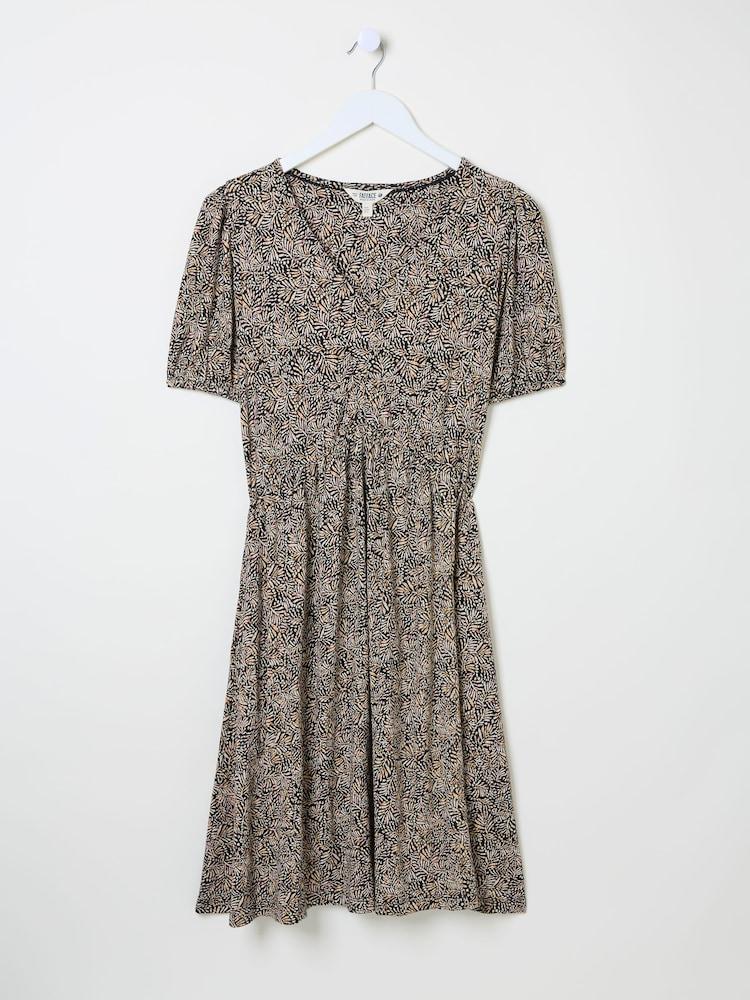 fat face Nell Black Leaf Dot Short Sleeve V-Neck Midi Dress