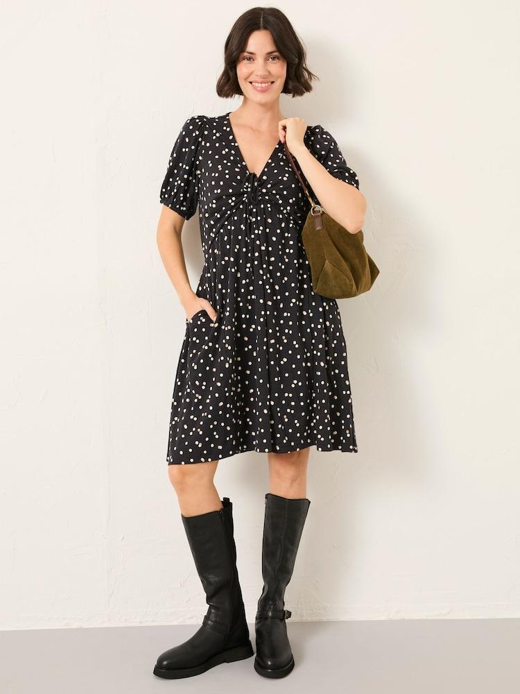 Fat Face Nell Black Polka Dot Regular Jersey Mini Dress