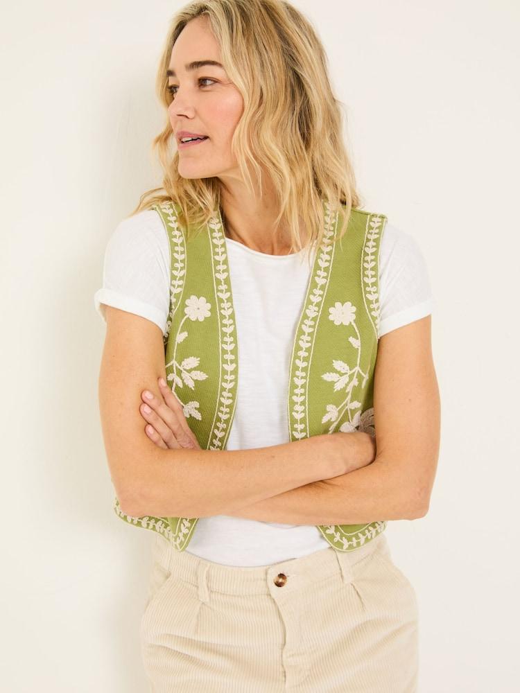 Fat Face Olive Green 100% Cotton Embroidered Jersey Waistcoat