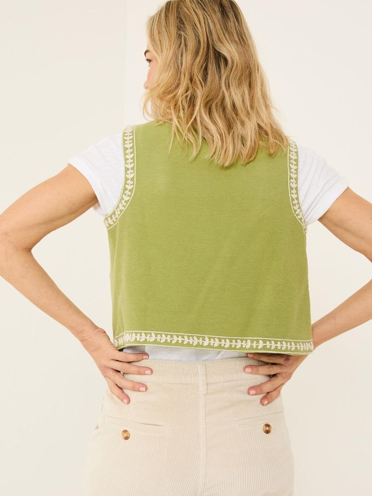 Fat Face Olive Green 100% Cotton Embroidered Jersey Waistcoat