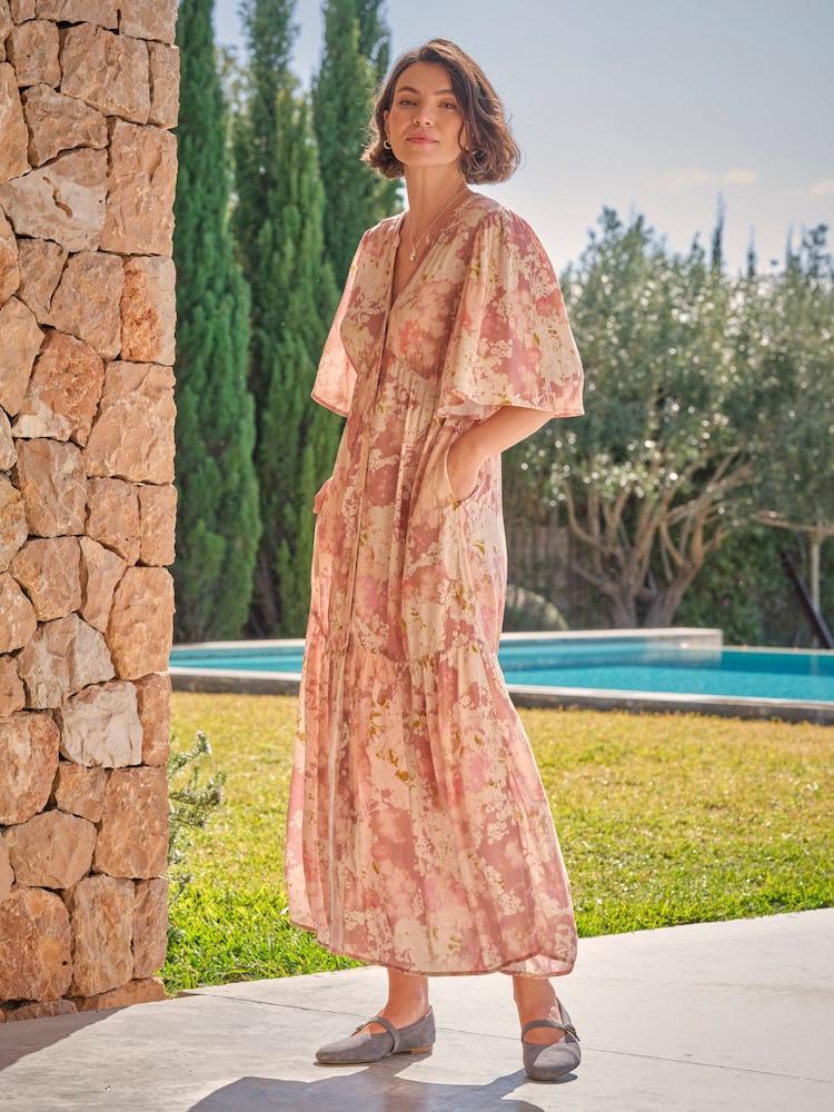 Fat Face Paige Pink Layered Floral Embroidered Midi Dress