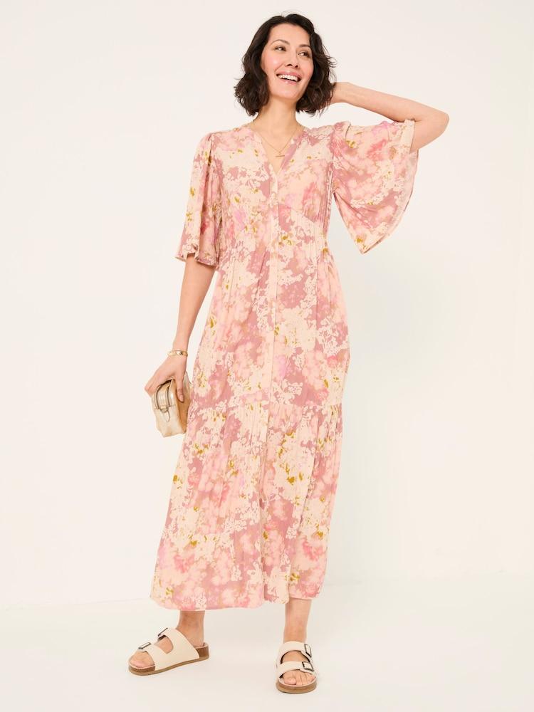 Fat Face Paige Pink Layered Floral Embroidered Midi Dress