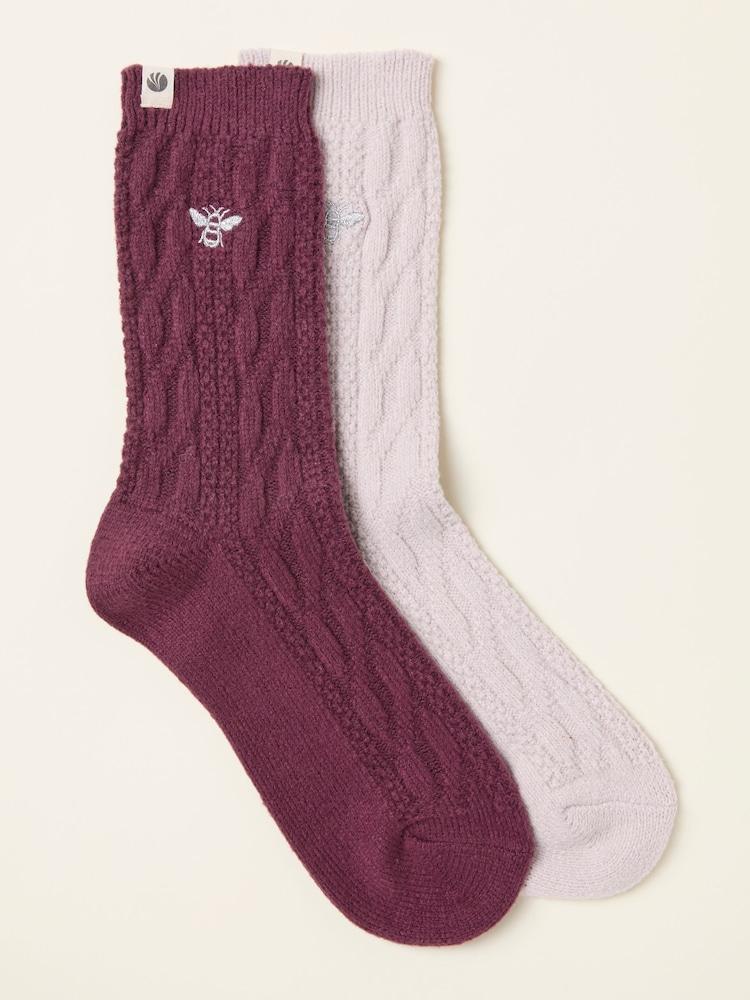 fat face Purple 2 Pairs of Bee Embroidered Cosy Socks