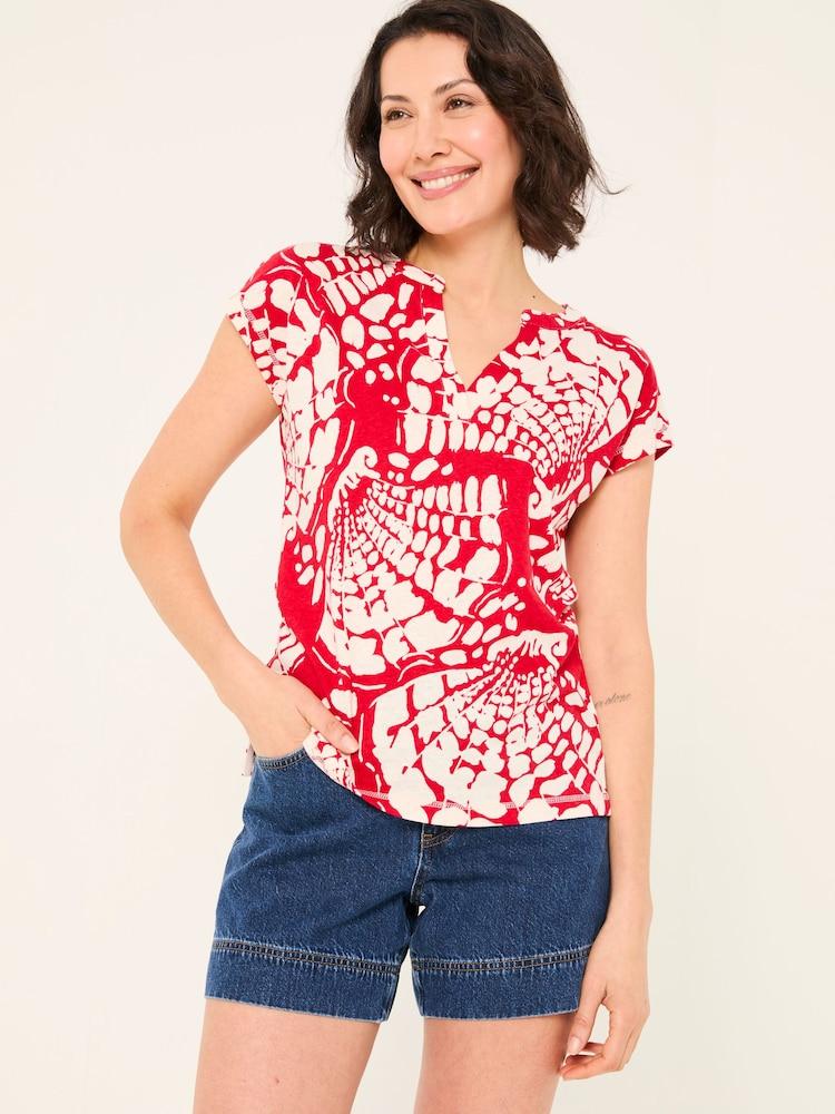Fat Face Red Mono Shells Linen Blend Notch Neck Top