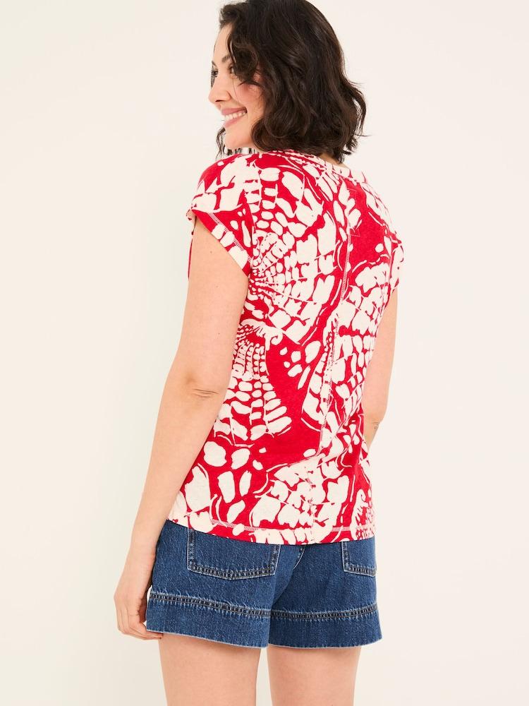 Fat Face Red Mono Shells Linen Blend Notch Neck Top