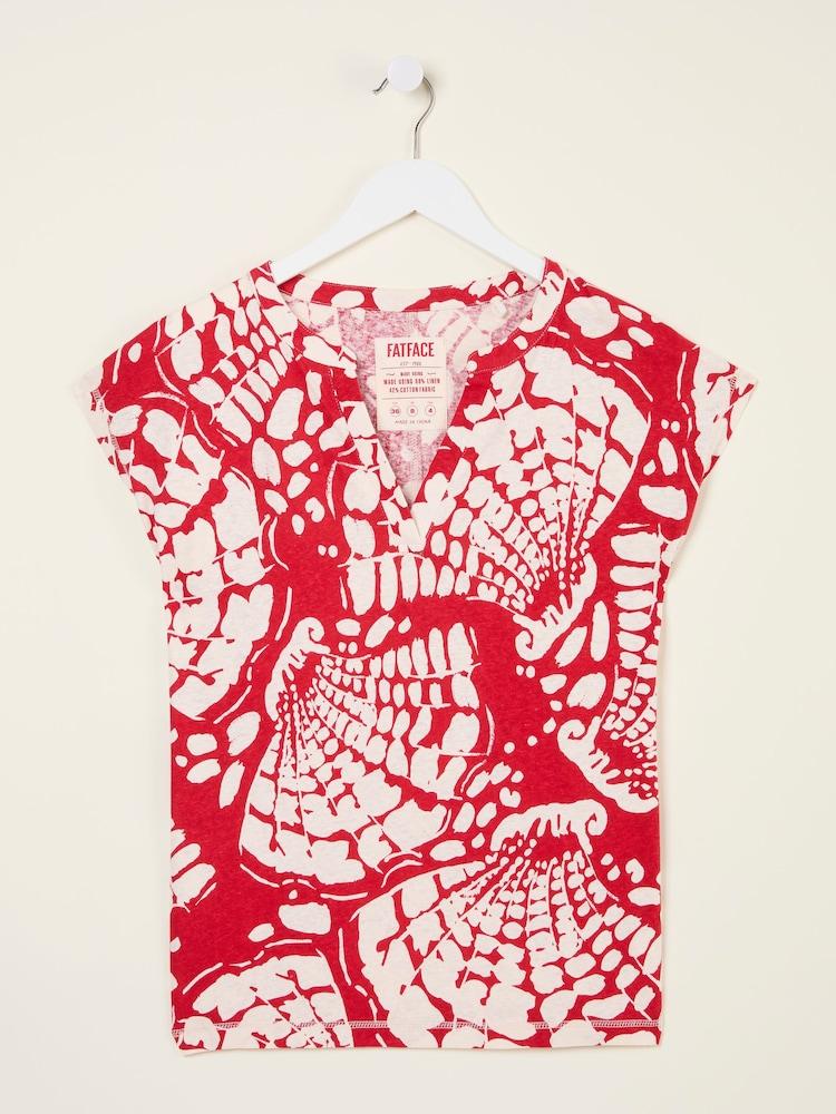 fat face Red Mono Shells Linen Blend Notch Neck Top